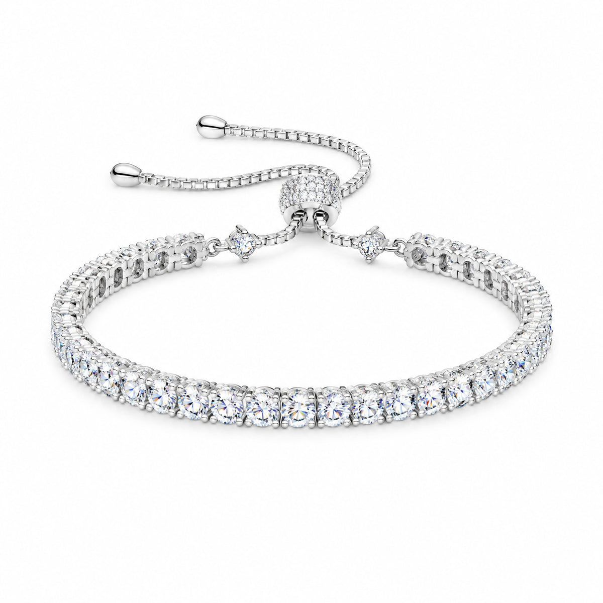 Adjustable moissanite tennis bracelet with a slider and chain ends