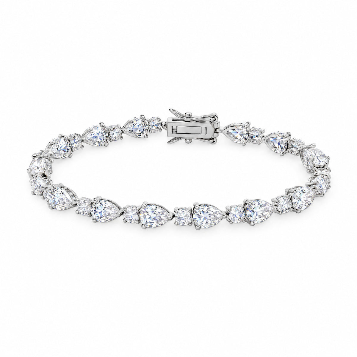 Pear-cut moissanite tennis bracelet laid flat with its box clasp