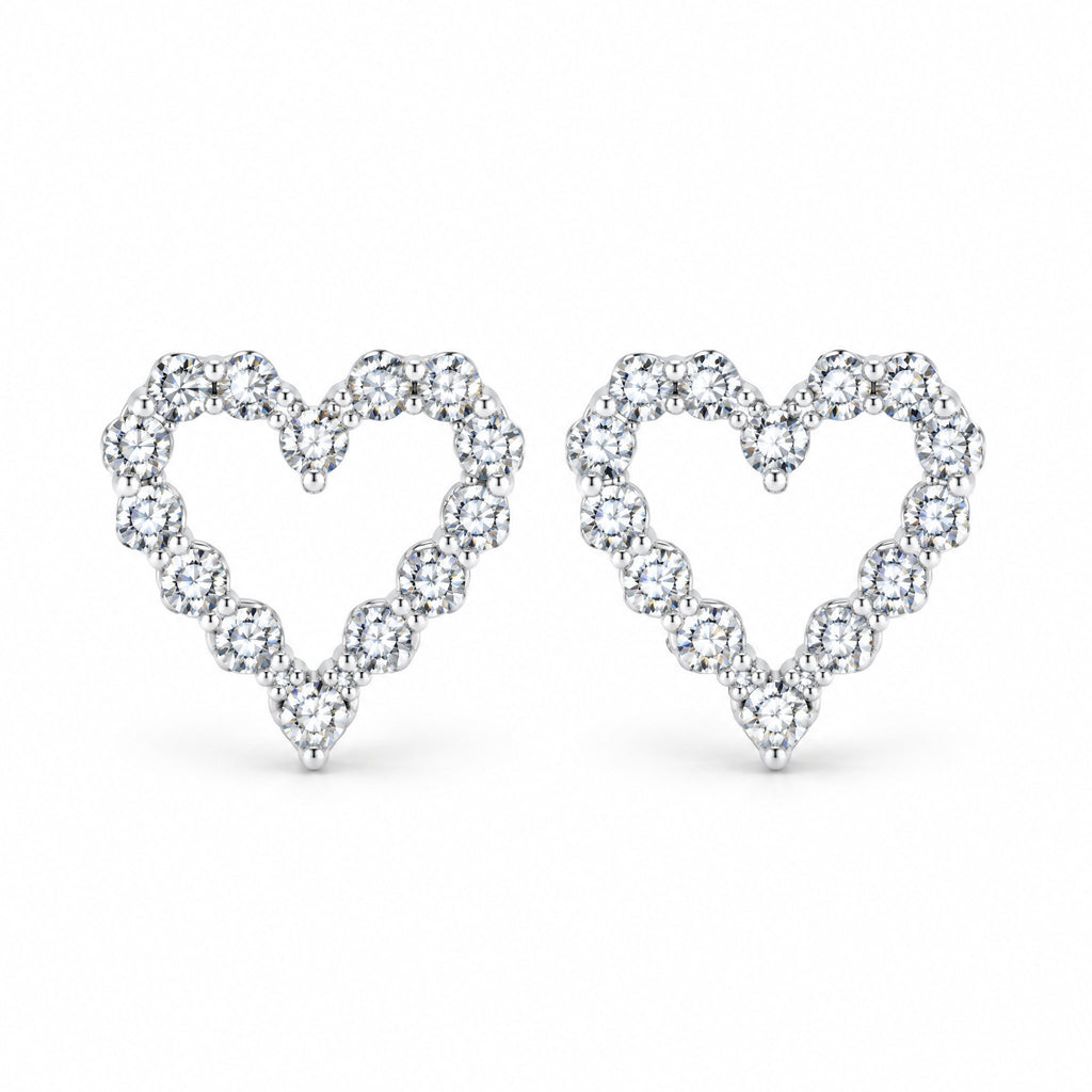 Pair of open heart outline earrings set with moissanite