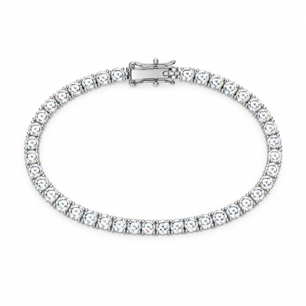 4mm moissanite tennis bracelet laid flat in an oval, clasp at the top