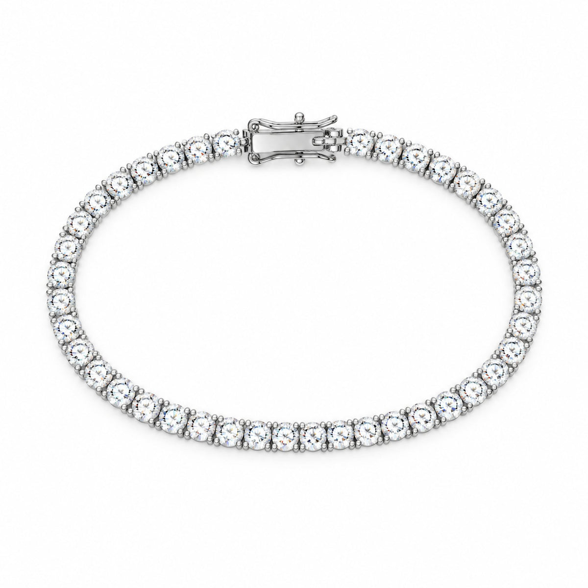 4mm moissanite tennis bracelet laid flat in an oval, clasp at the top