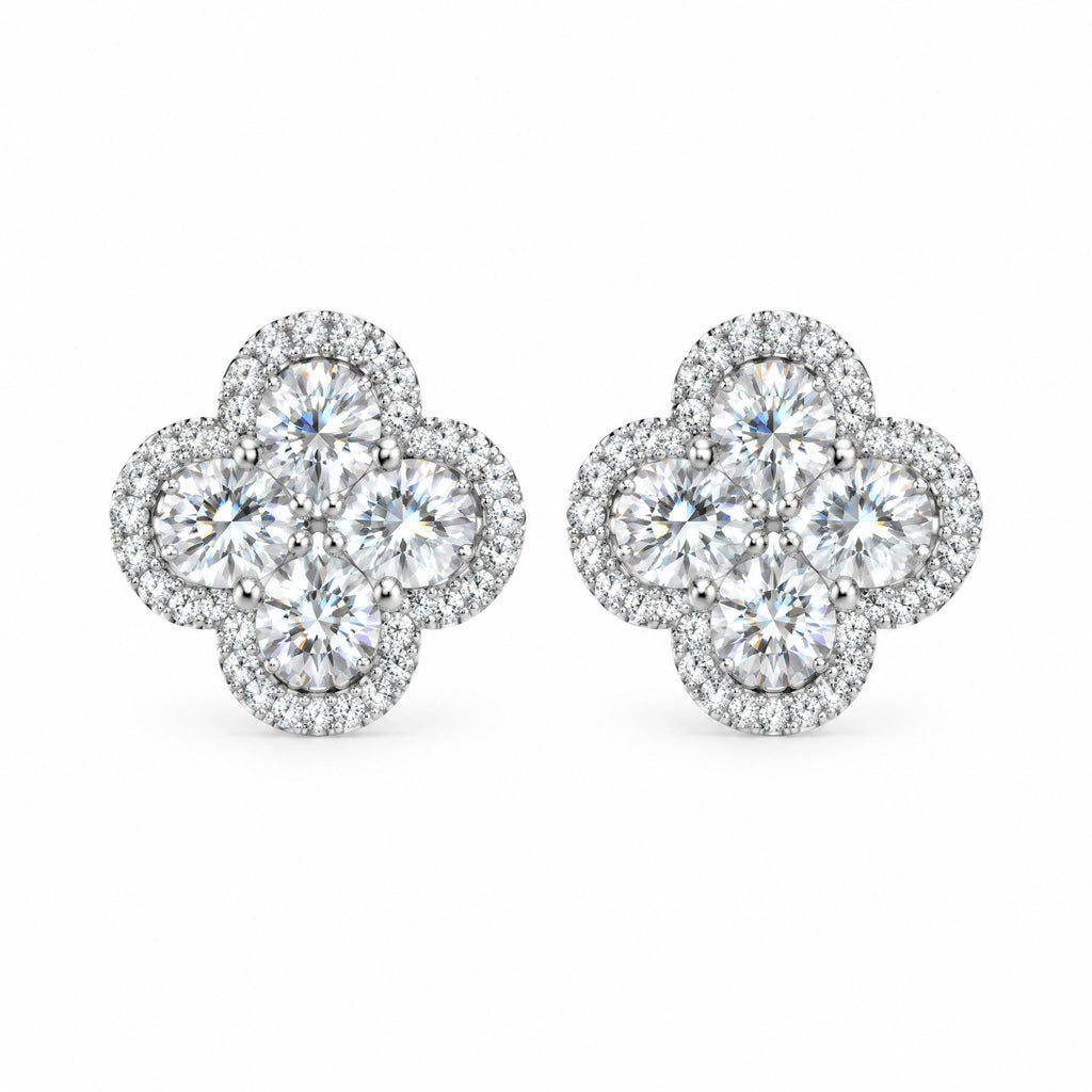 Pair of four-leaf clover moissanite cluster stud earrings