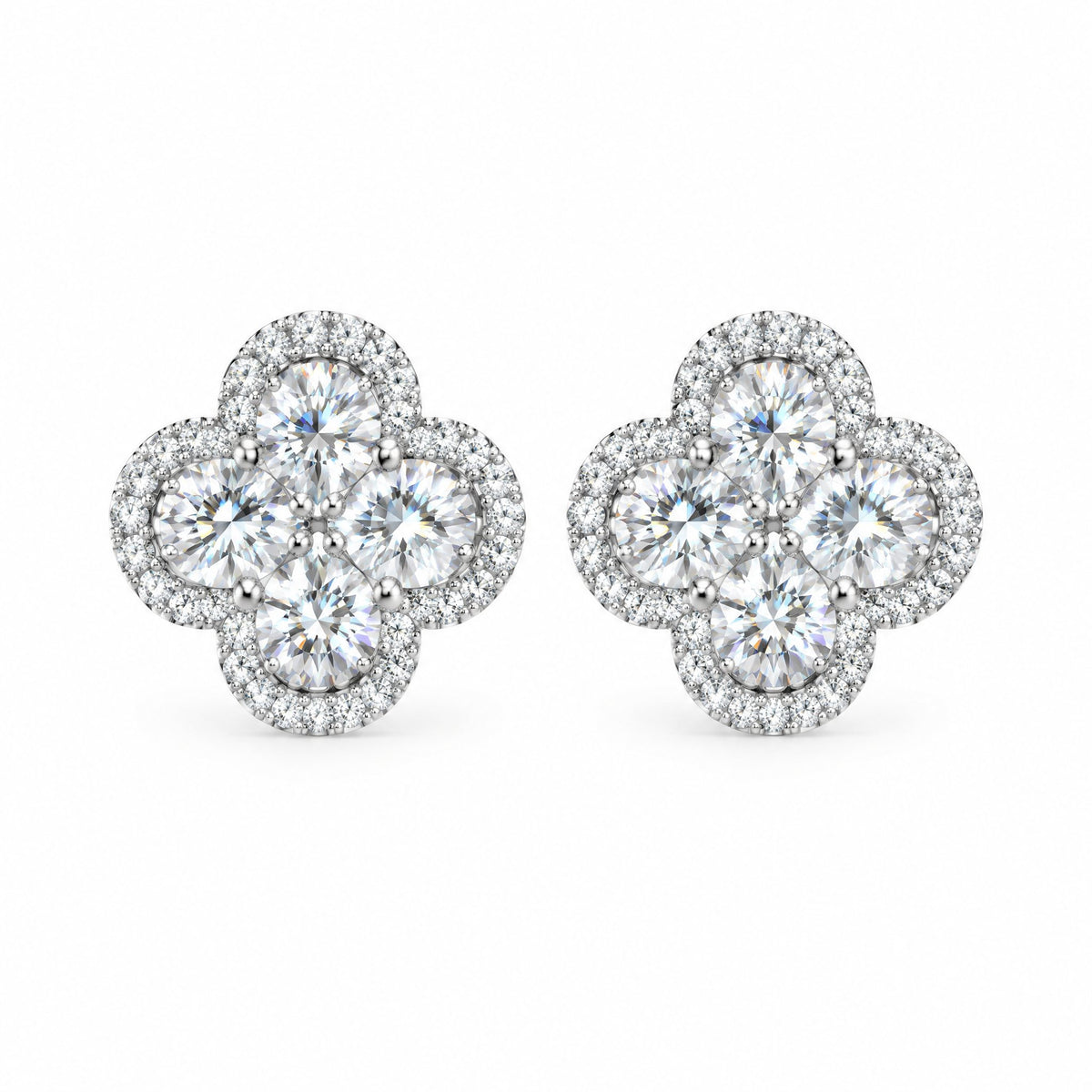 Pair of four-leaf clover moissanite cluster stud earrings