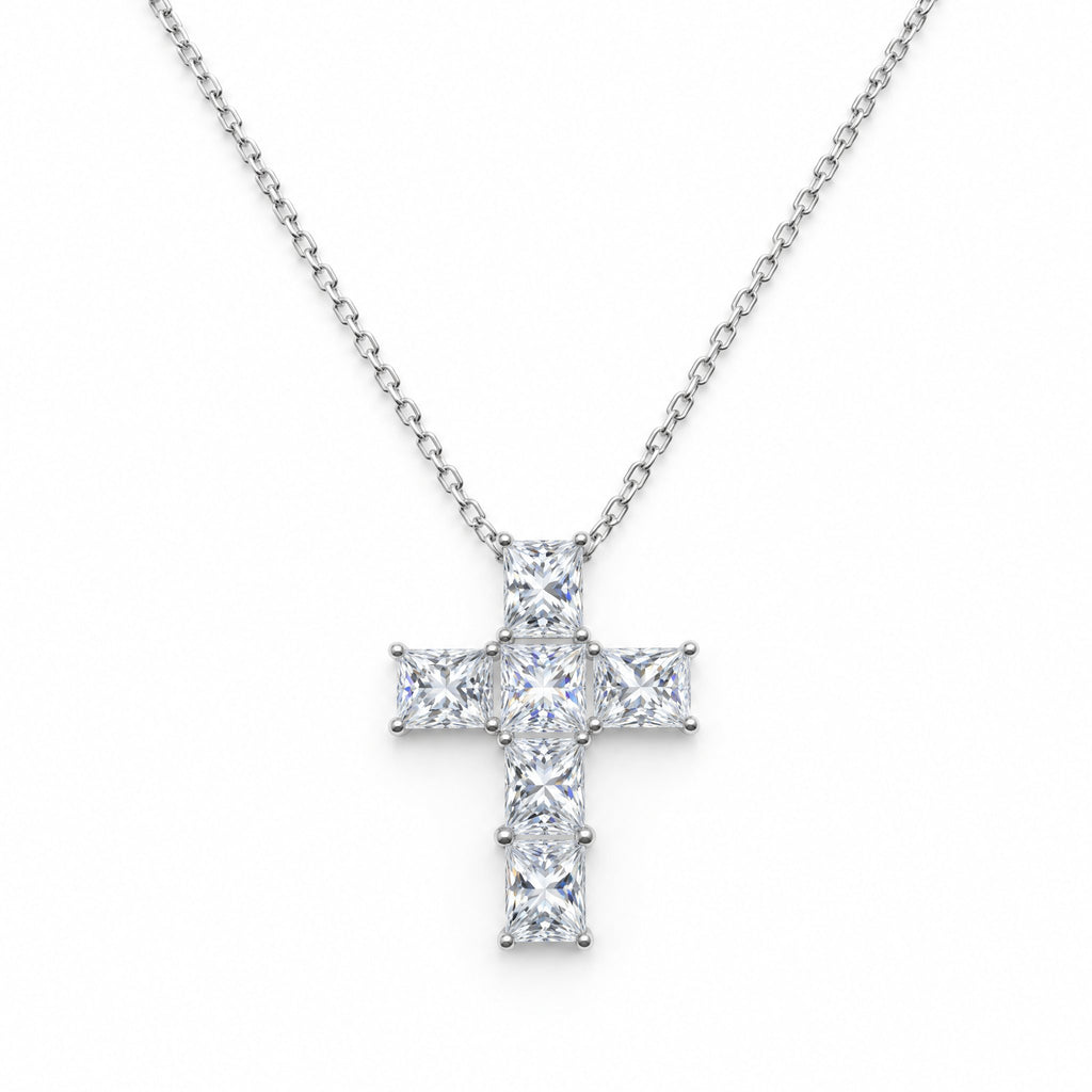 Slim cross pendant with square moissanite stones on a fine chain
