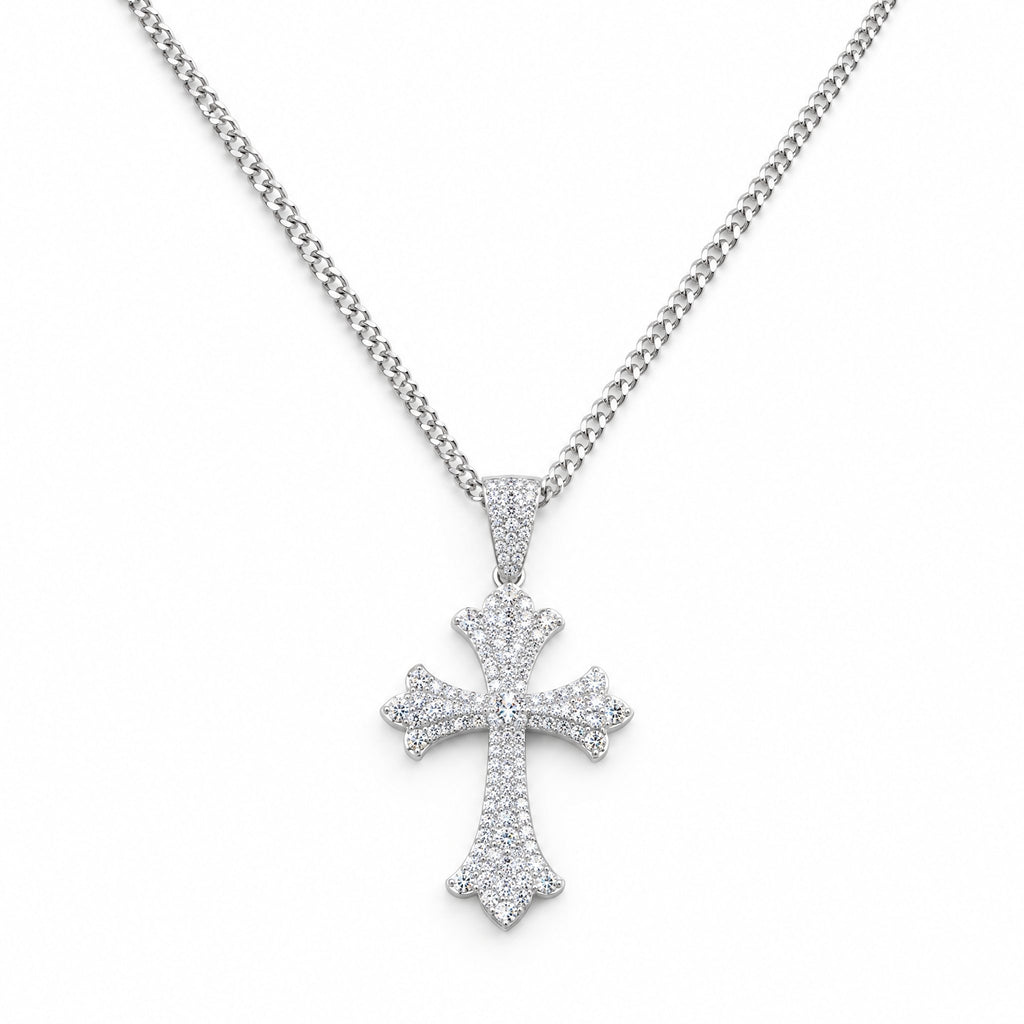 Floral-tip cross pendant hanging from its chain