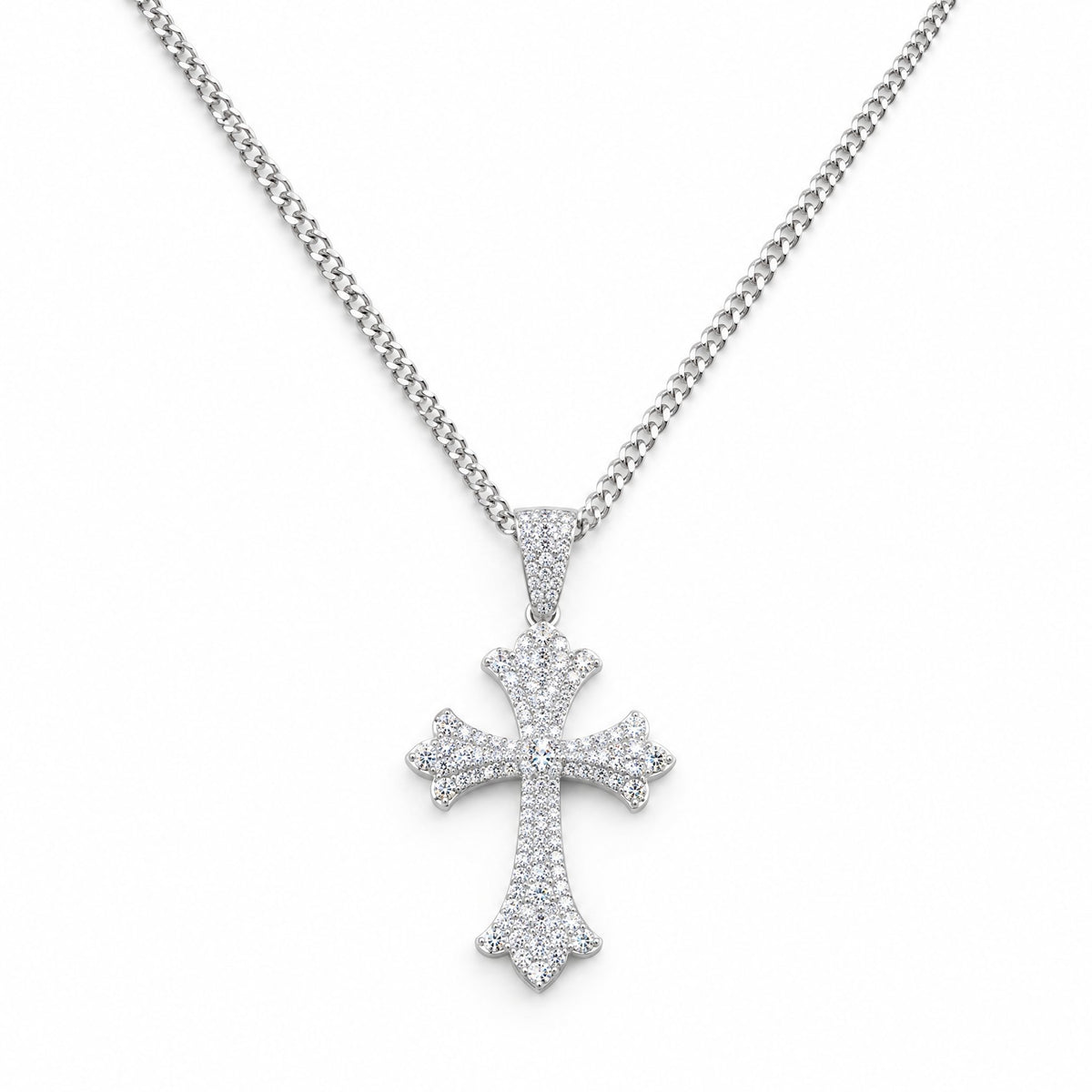 Floral-tip cross pendant hanging from its chain