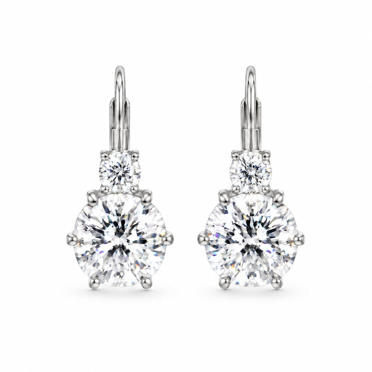 Pair of round moissanite drop earrings with leverbacks