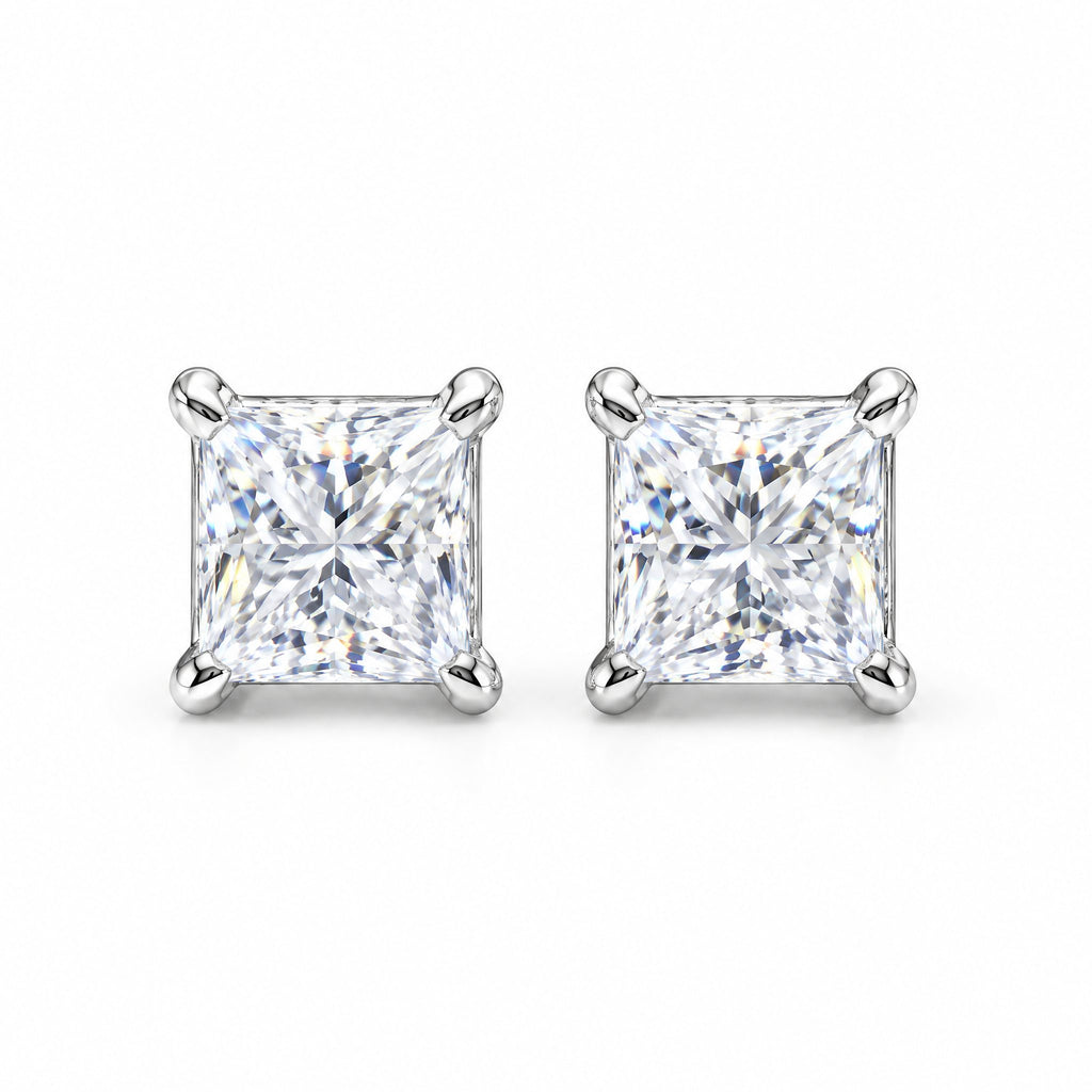 Pair of princess-cut moissanite stud earrings in four-prong settings