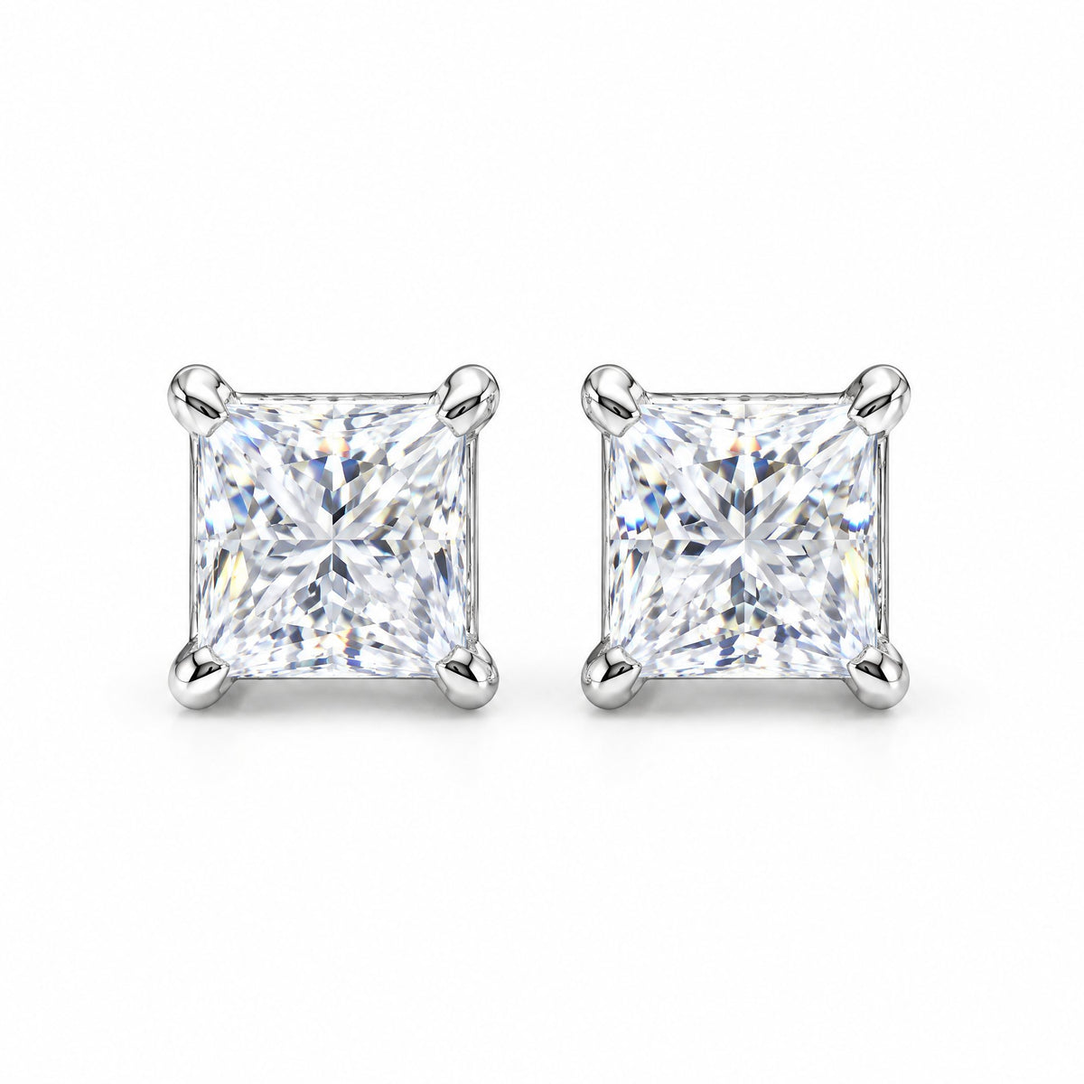 Pair of princess-cut moissanite stud earrings in four-prong settings