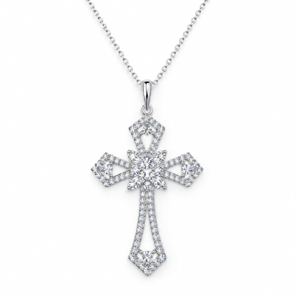 Front view of the statement cross pendant on a fine chain