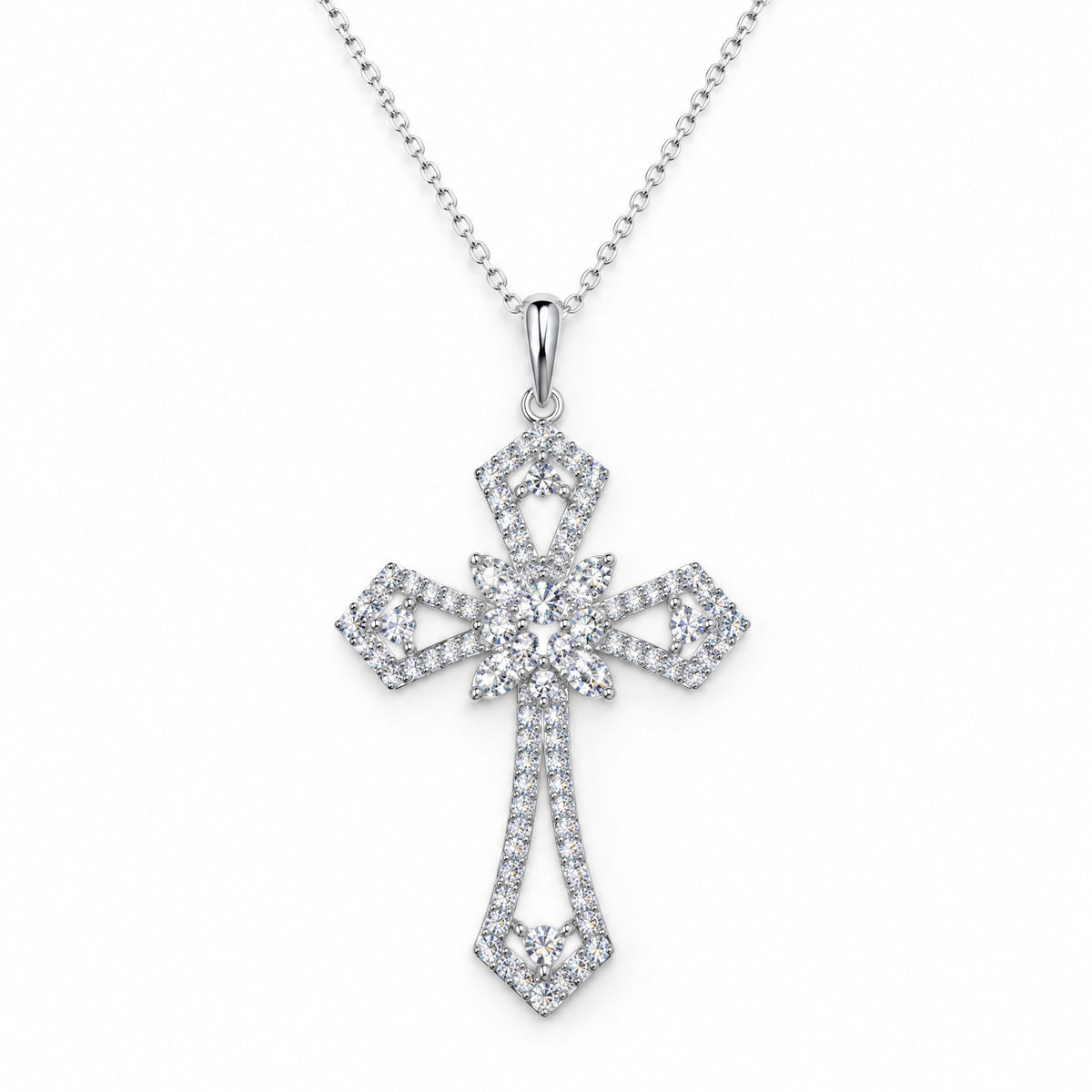 Front view of the statement cross pendant on a fine chain