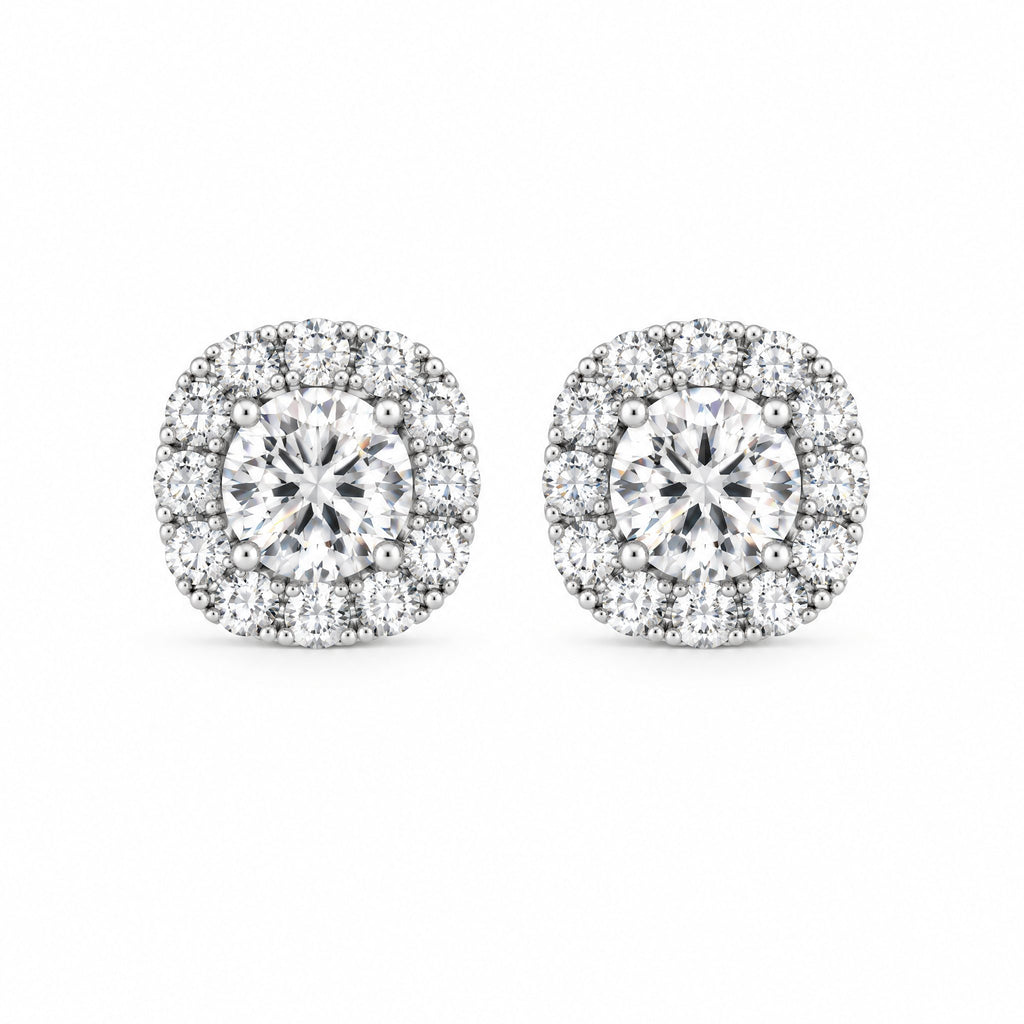 Pair of halo stud earrings with round moissanite centre stones