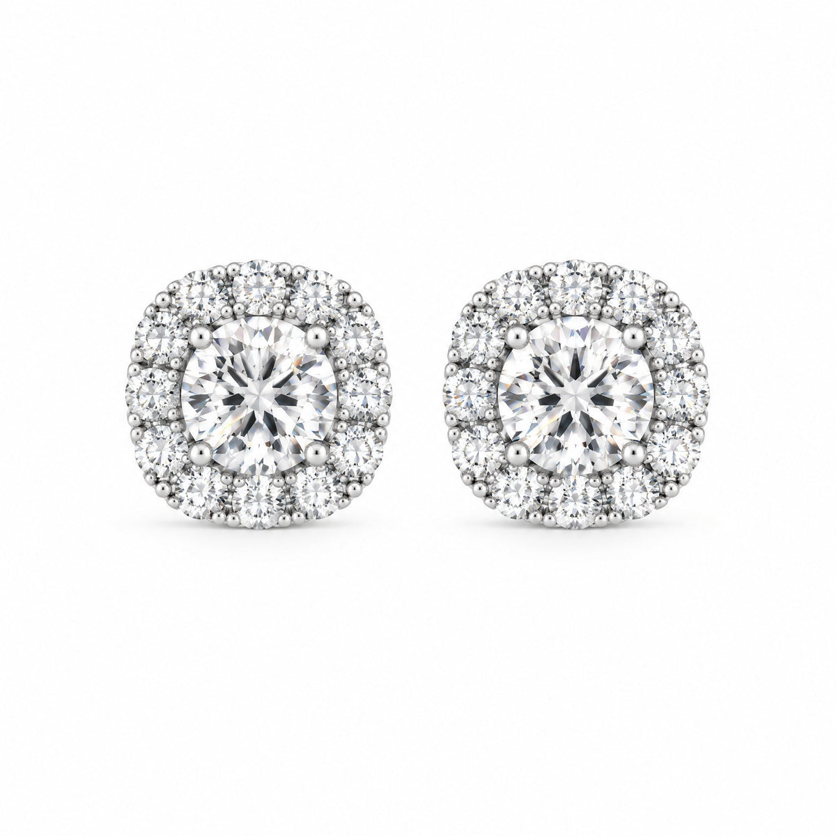 Pair of halo stud earrings with round moissanite centre stones