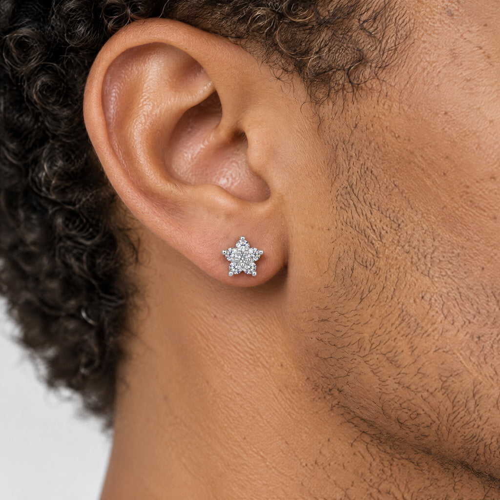 Star cluster stud earring worn on the earlobe