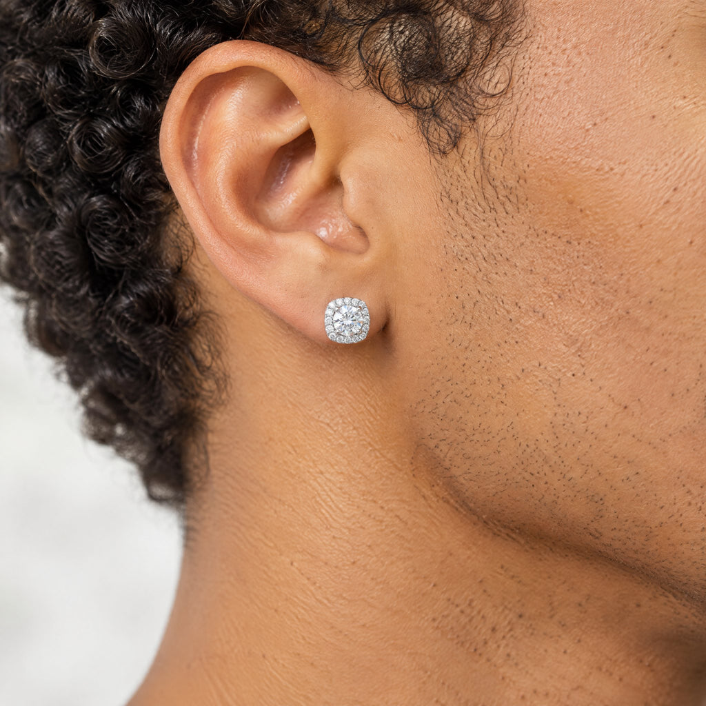 Halo stud earring worn on the earlobe