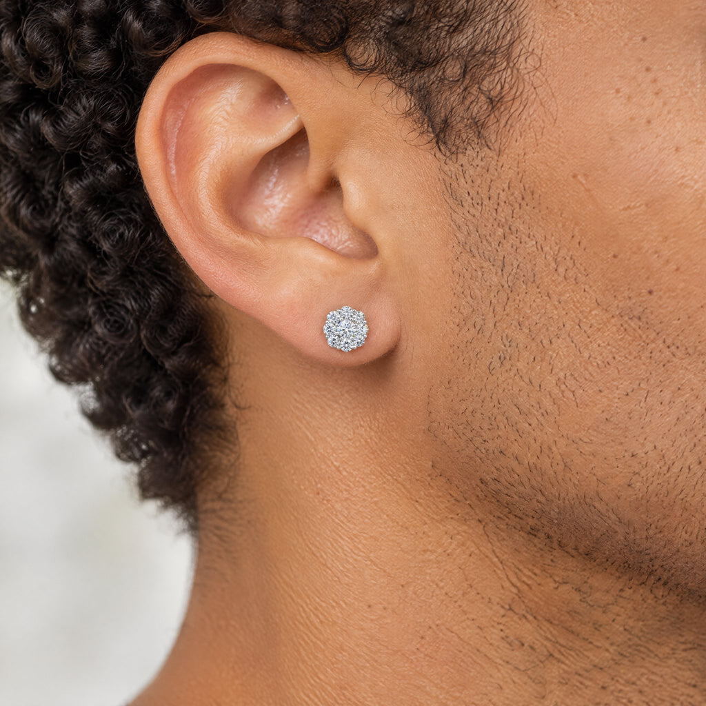 Round cluster stud earring worn on the earlobe