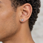 Round moissanite stud earring worn on the earlobe