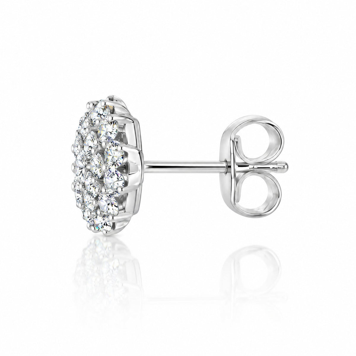 Side view of a round cluster stud earring