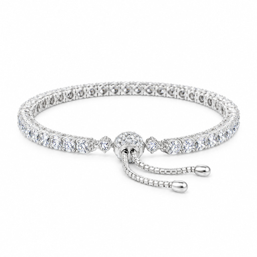 Adjustable tennis bracelet viewed from the front with its slider