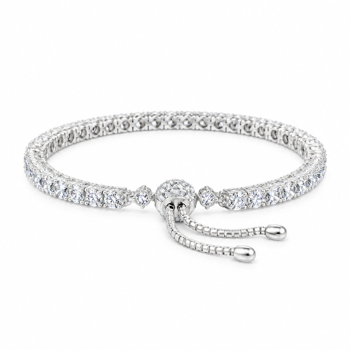 Adjustable tennis bracelet viewed from the front with its slider