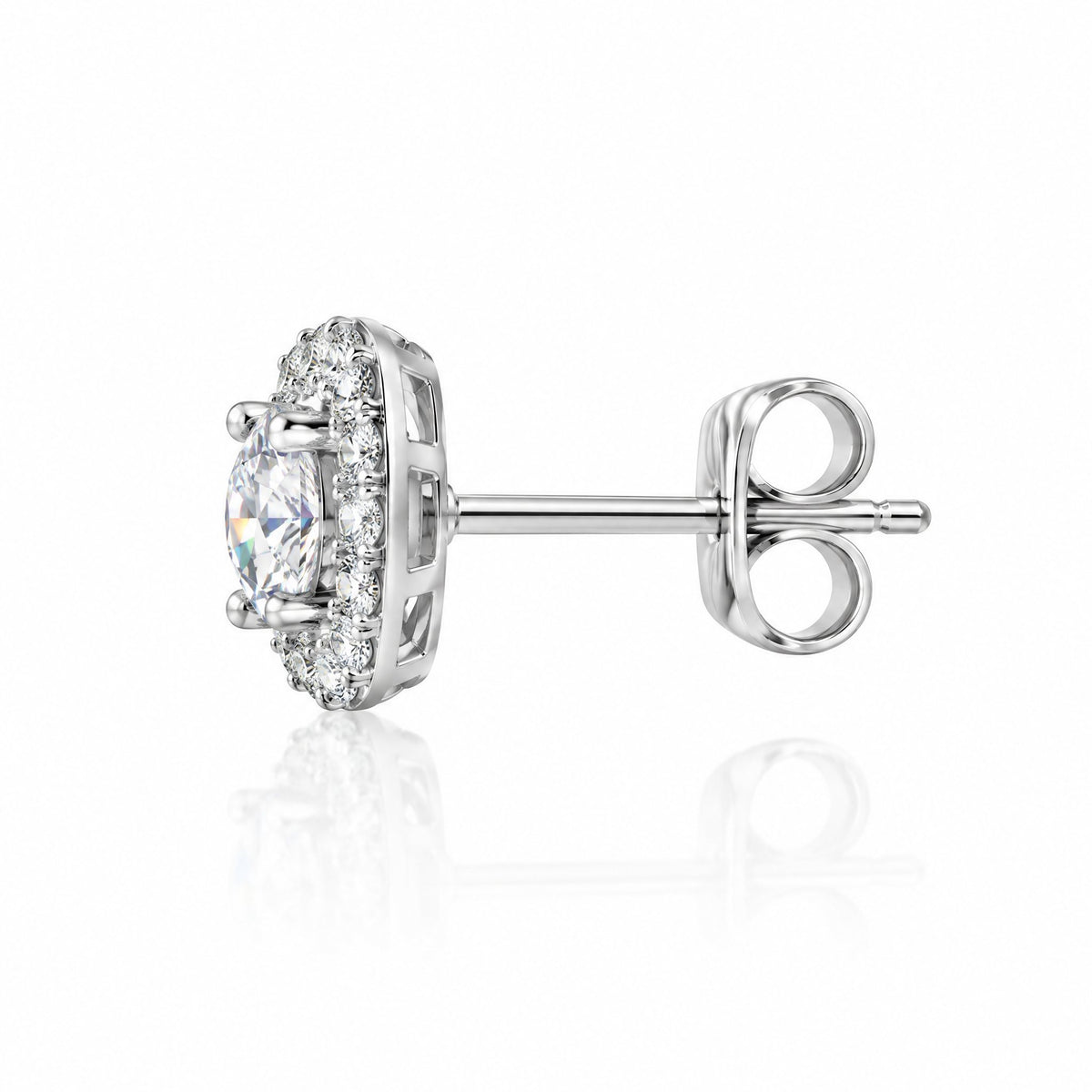Side view of a round halo stud earring