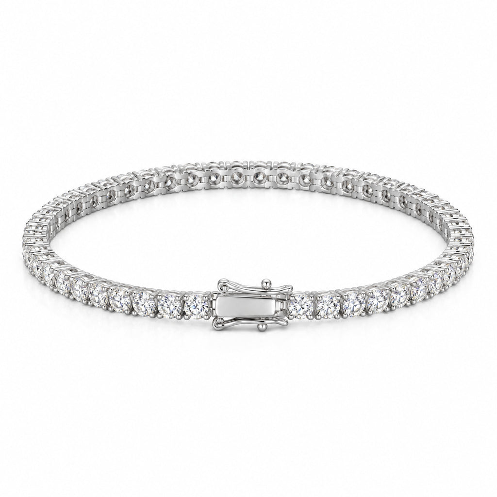 3mm moissanite tennis bracelet laid flat with its box clasp