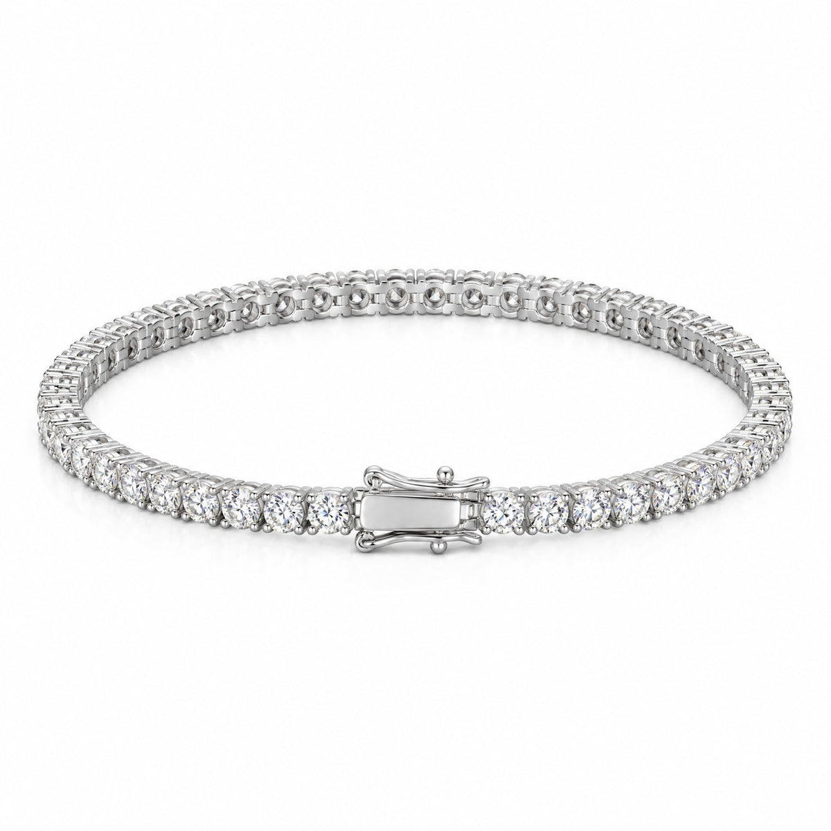 3mm moissanite tennis bracelet laid flat with its box clasp