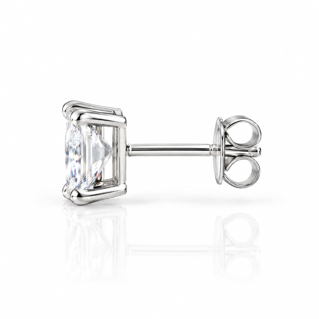 Side view of a princess-cut stud earring with its back