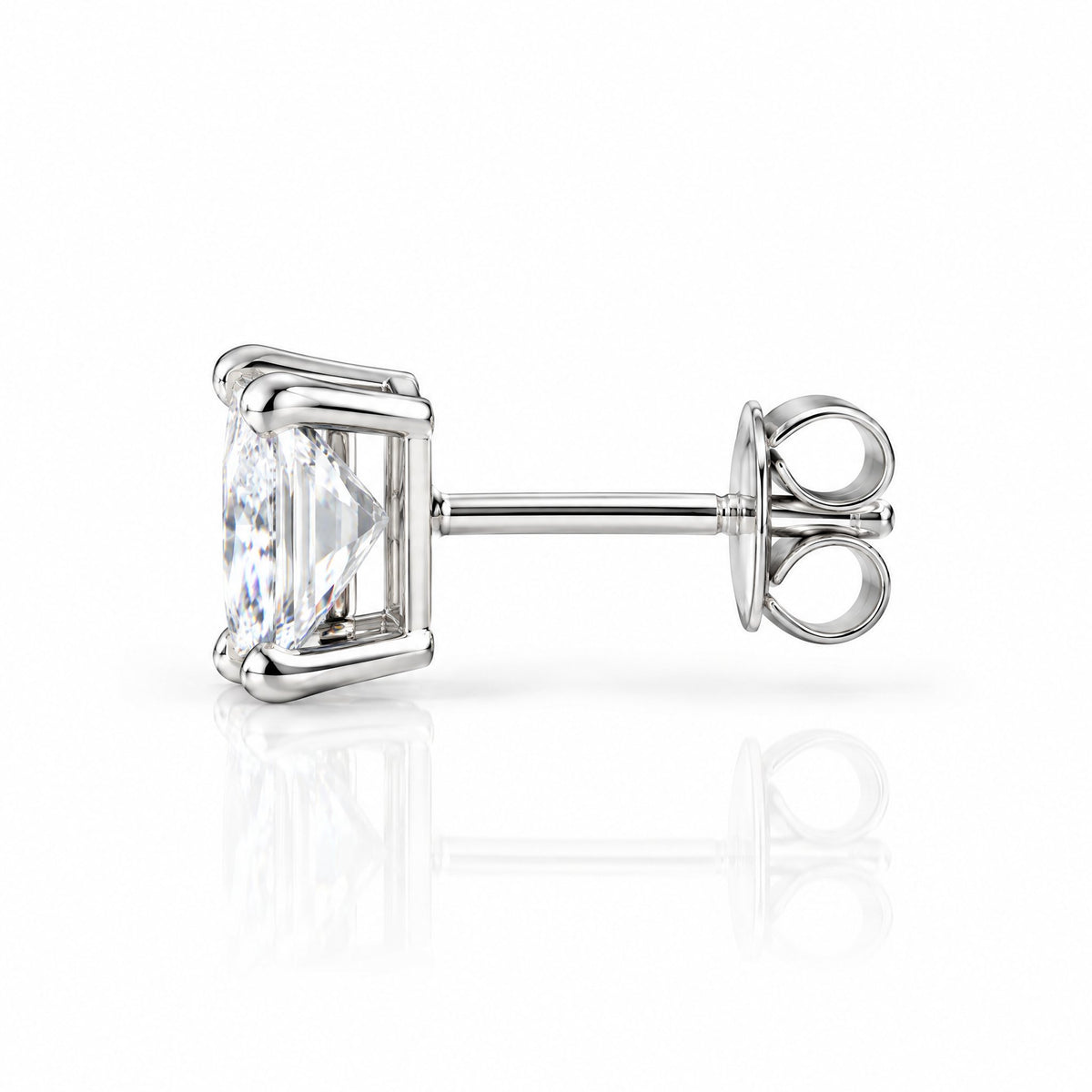 Side view of a princess-cut stud earring with its back