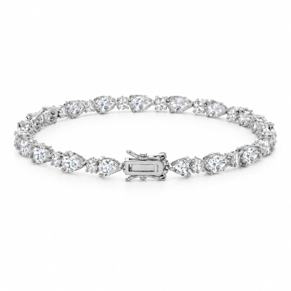 Pear-cut tennis bracelet viewed from the front with the clasp centred