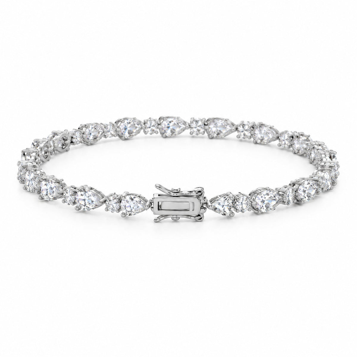 Pear-cut tennis bracelet viewed from the front with the clasp centred