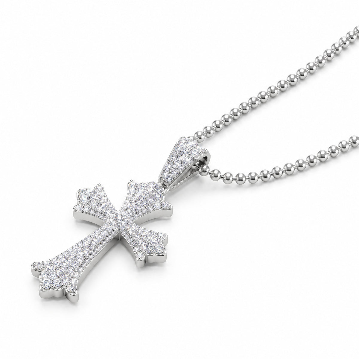 Floral-tip cross pendant covered in pavé moissanite on its chain