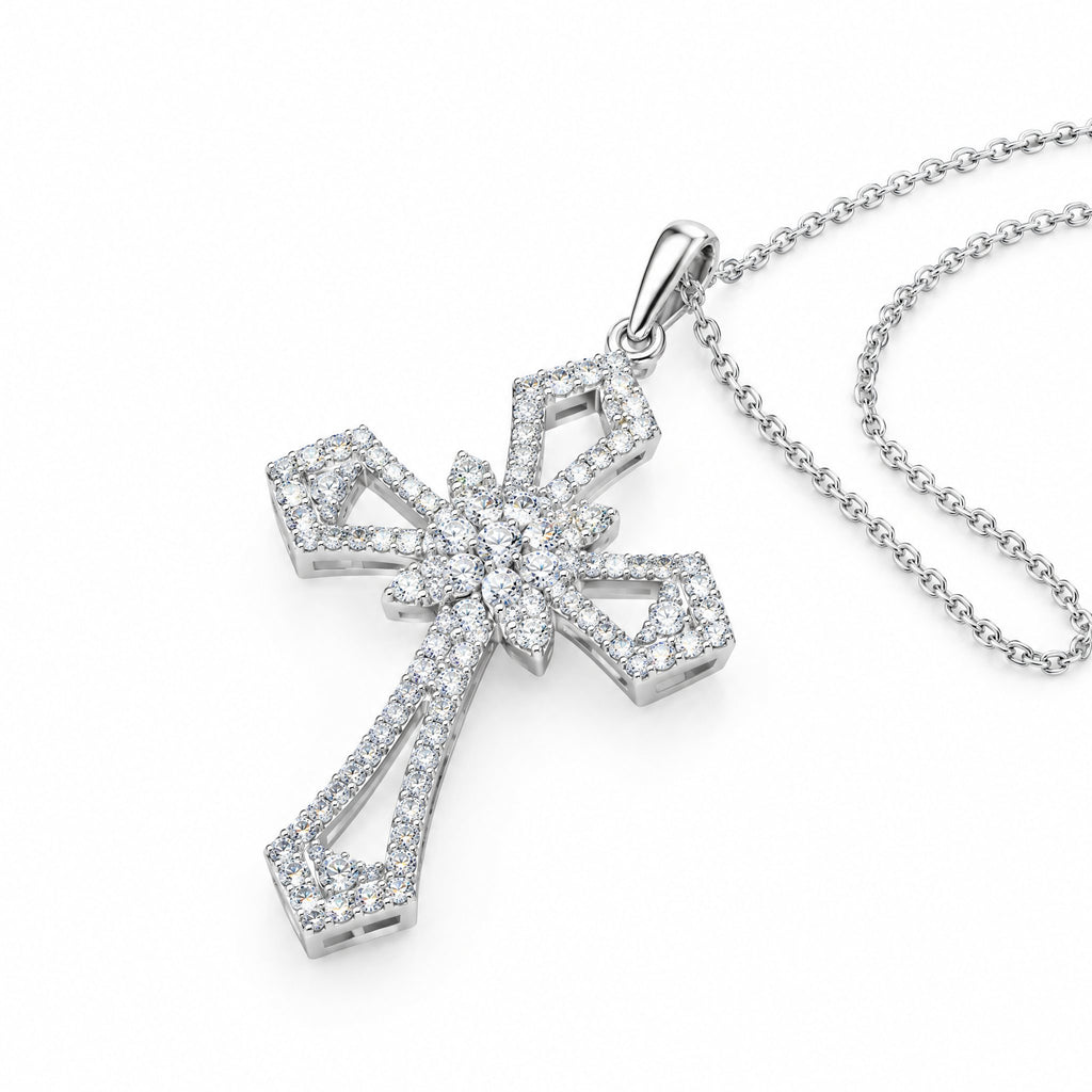 Statement cross pendant with an open, stone-set design on its chain