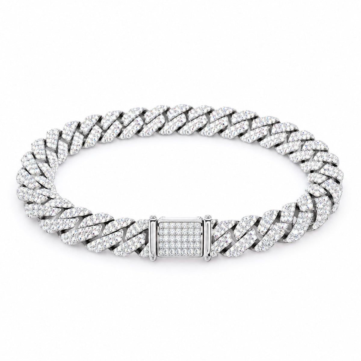 10mm iced Cuban link bracelet laid flat with its box clasp