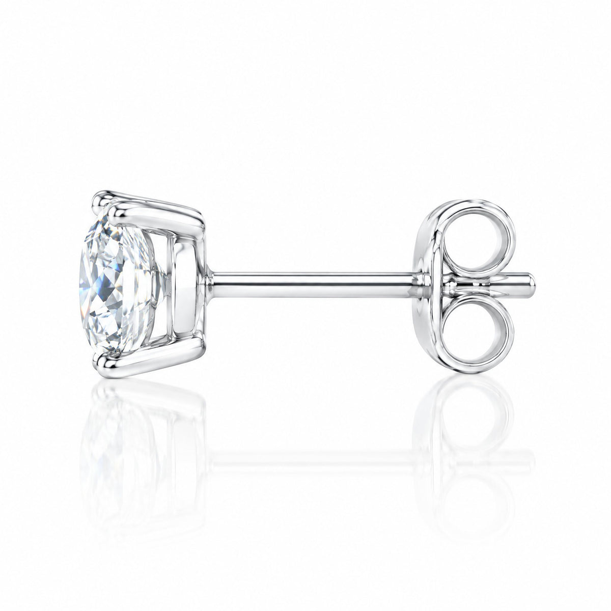 Side view of a round four-prong stud earring with its butterfly back