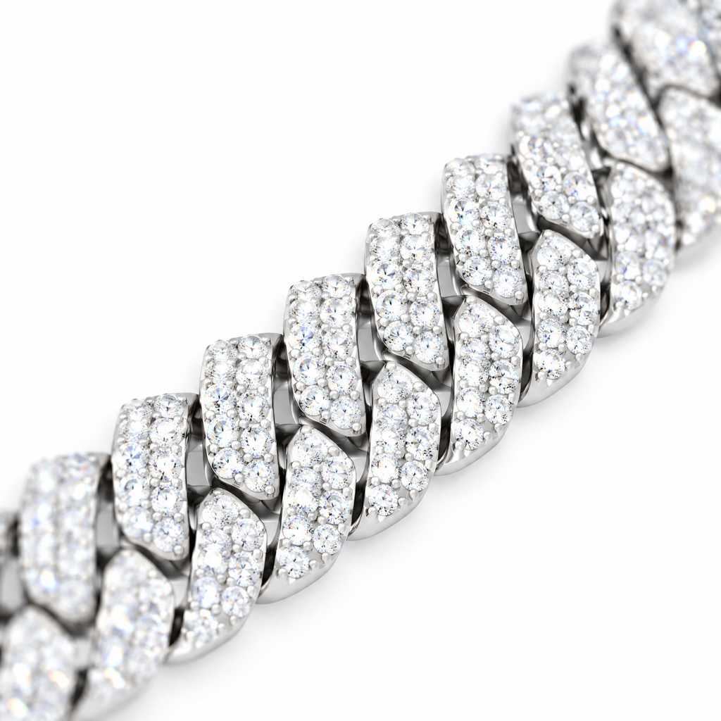Close-up of iced Cuban links set with moissanite