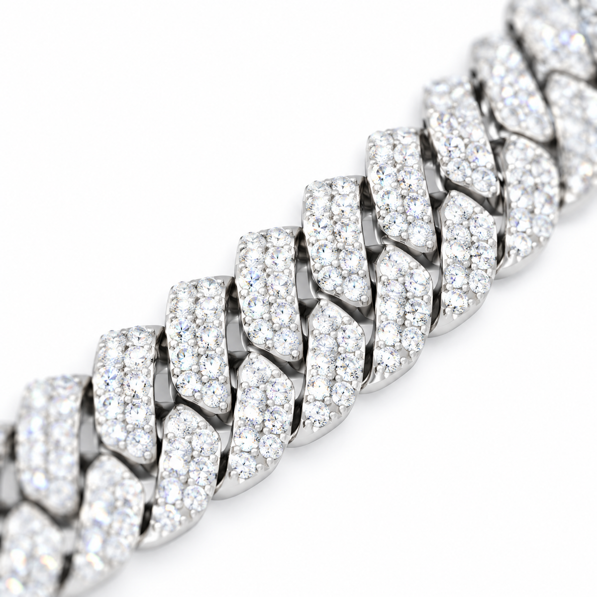 Close-up of iced Cuban links set with moissanite