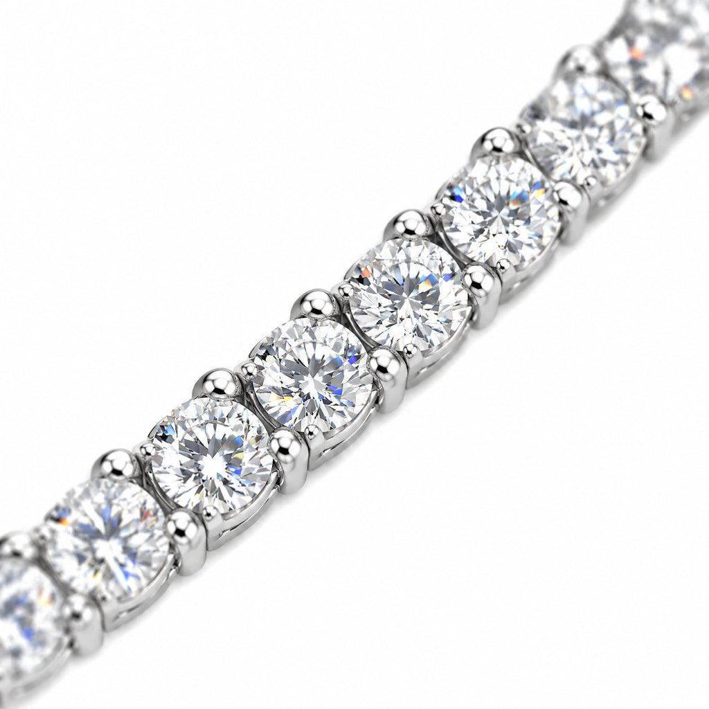Close-up of round four-prong moissanite stones on the 4mm tennis chain