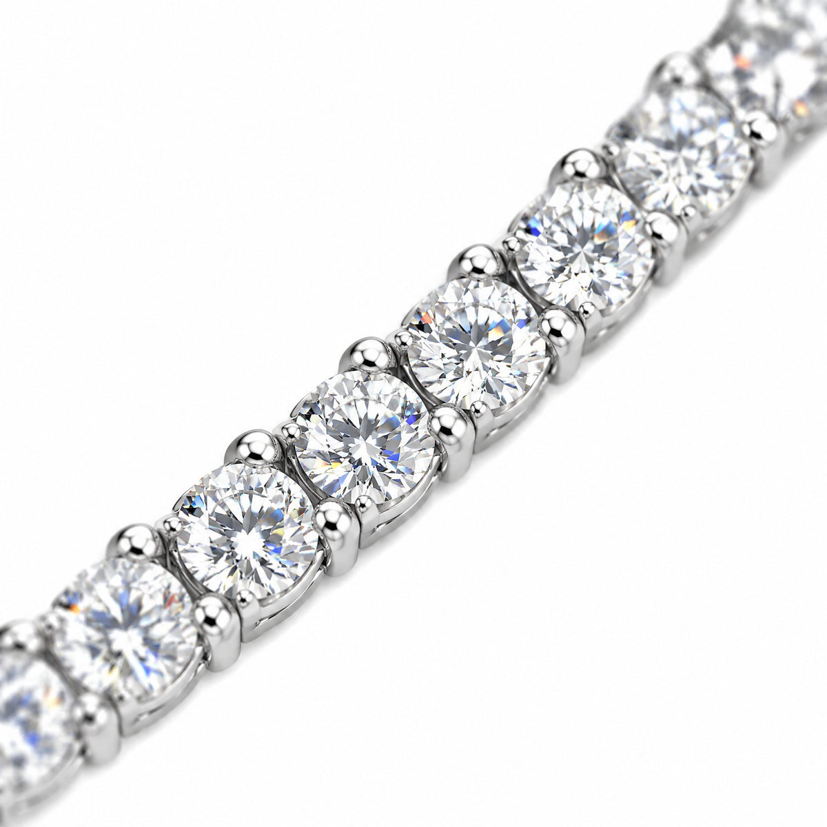 Close-up of round four-prong moissanite stones on the 4mm tennis chain