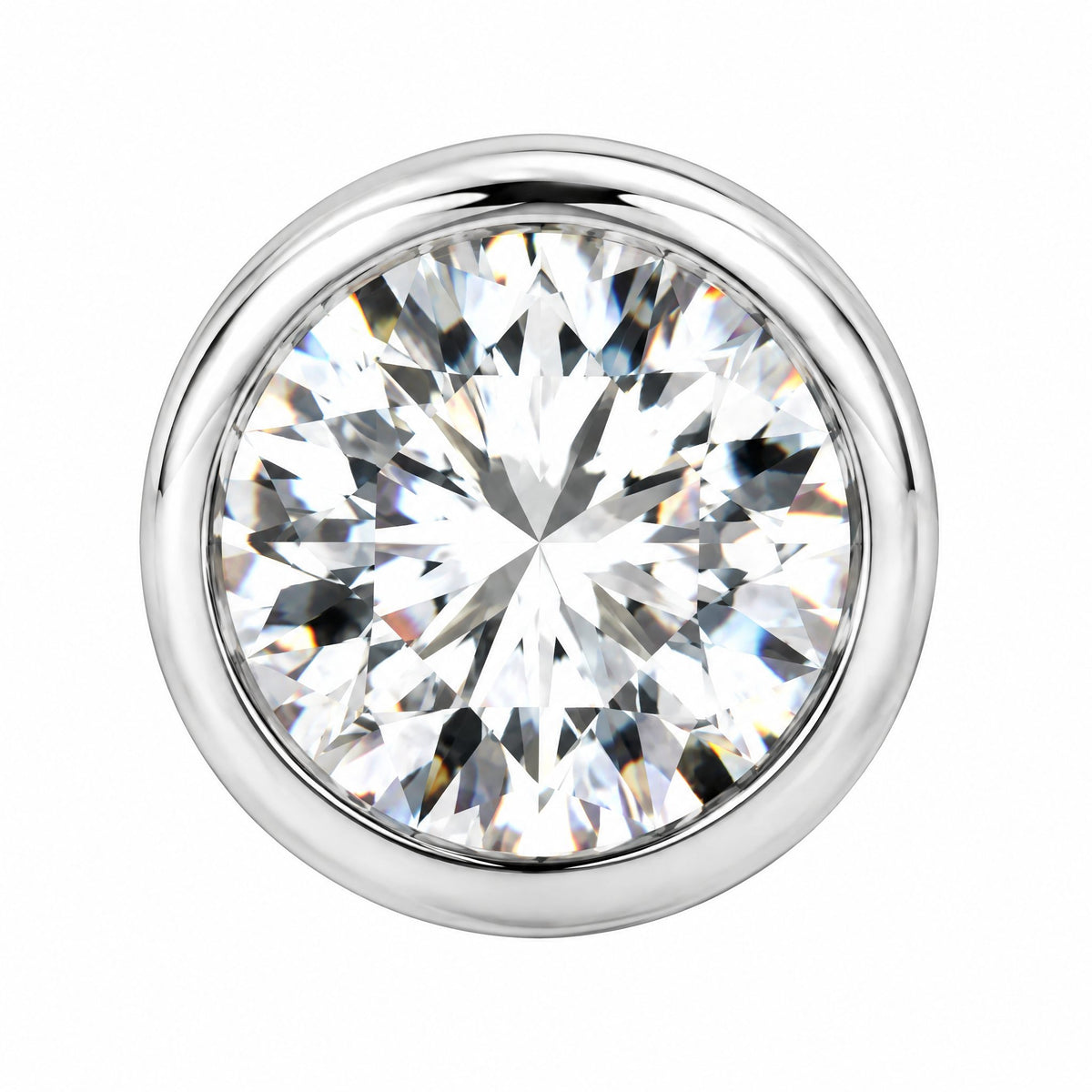 Close-up of a round moissanite stone in a polished bezel