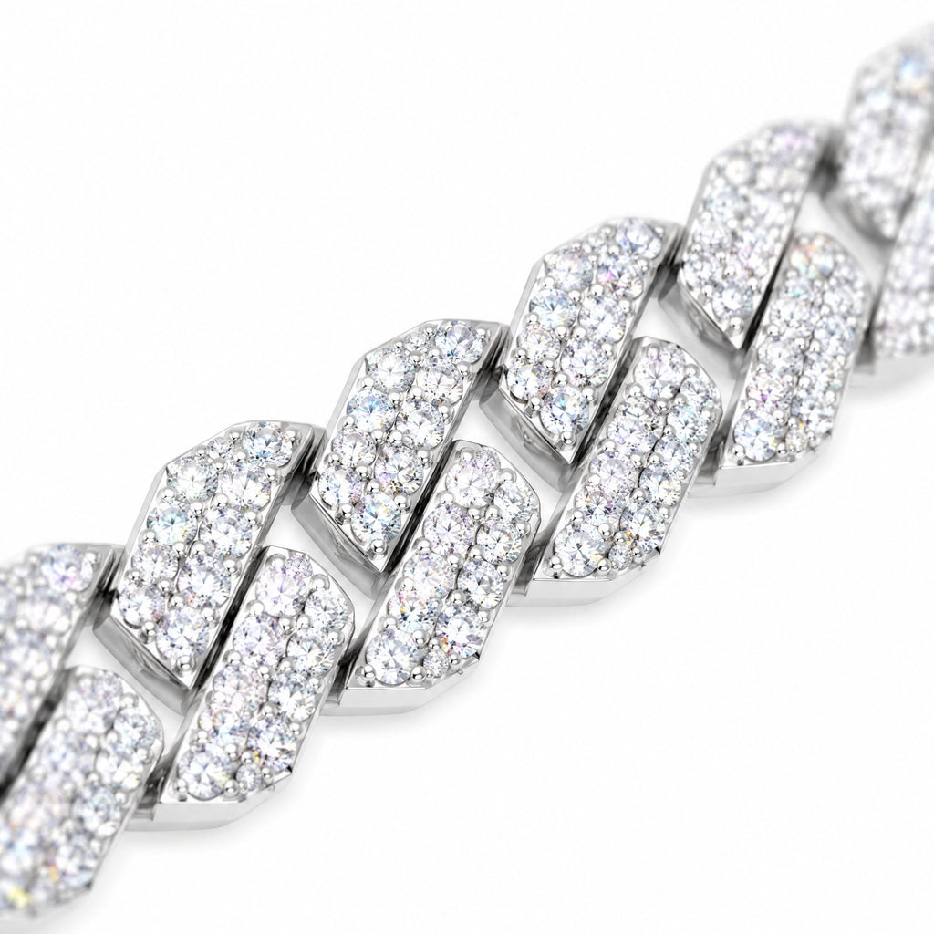 Close-up of the moissanite-set links on a 10mm Cuban chain