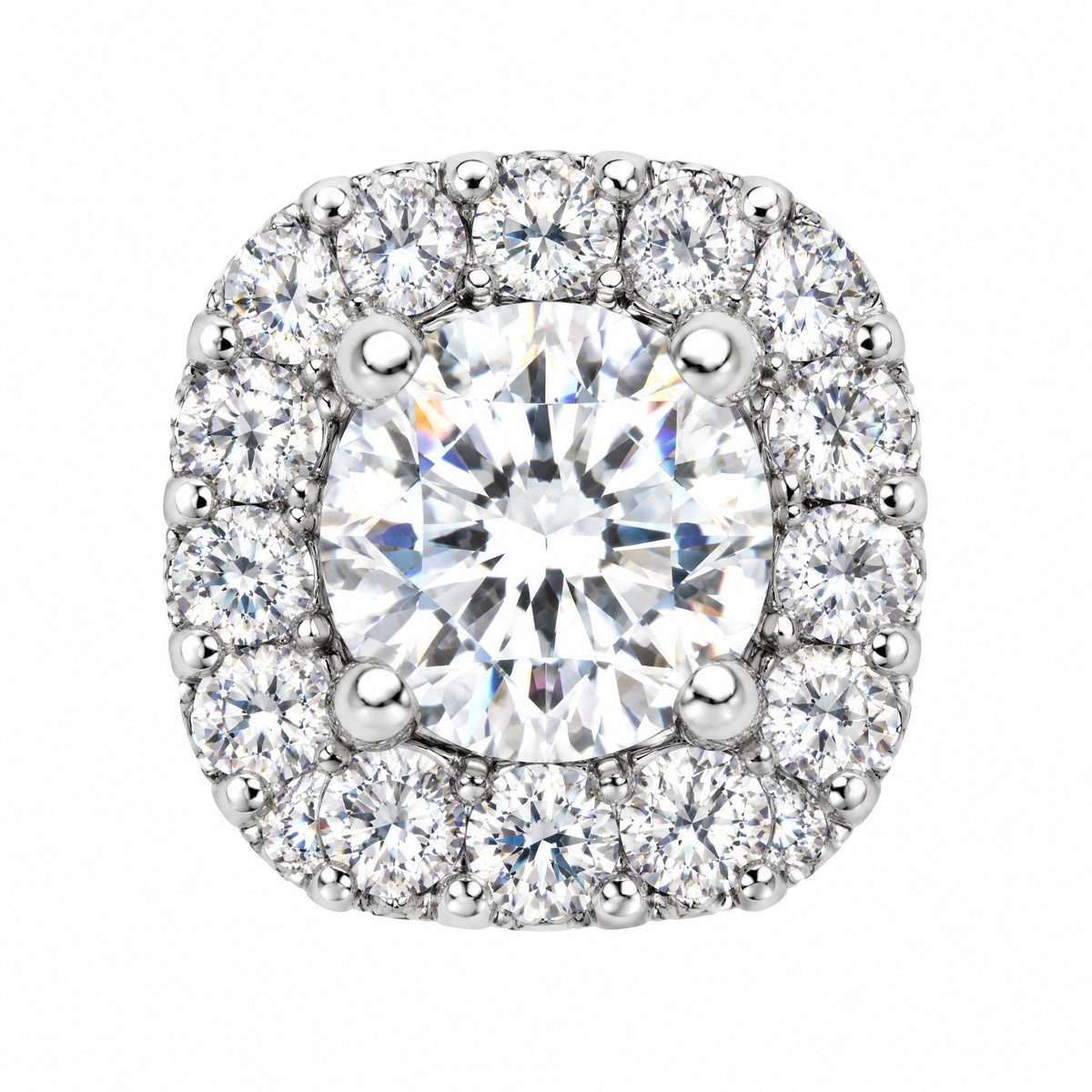 Close-up of a round moissanite centre stone ringed by smaller stones