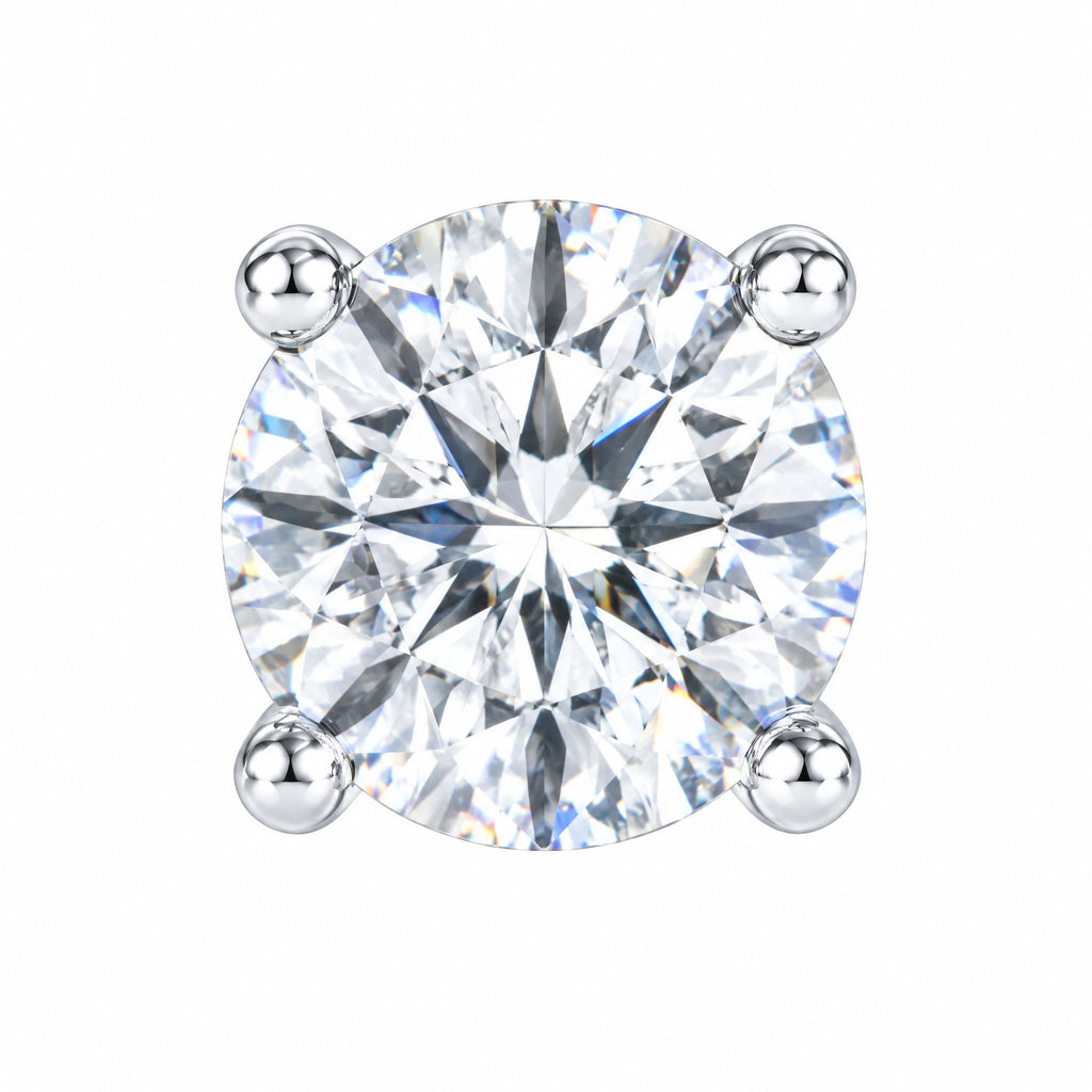 Close-up of a round moissanite stone held by four prongs