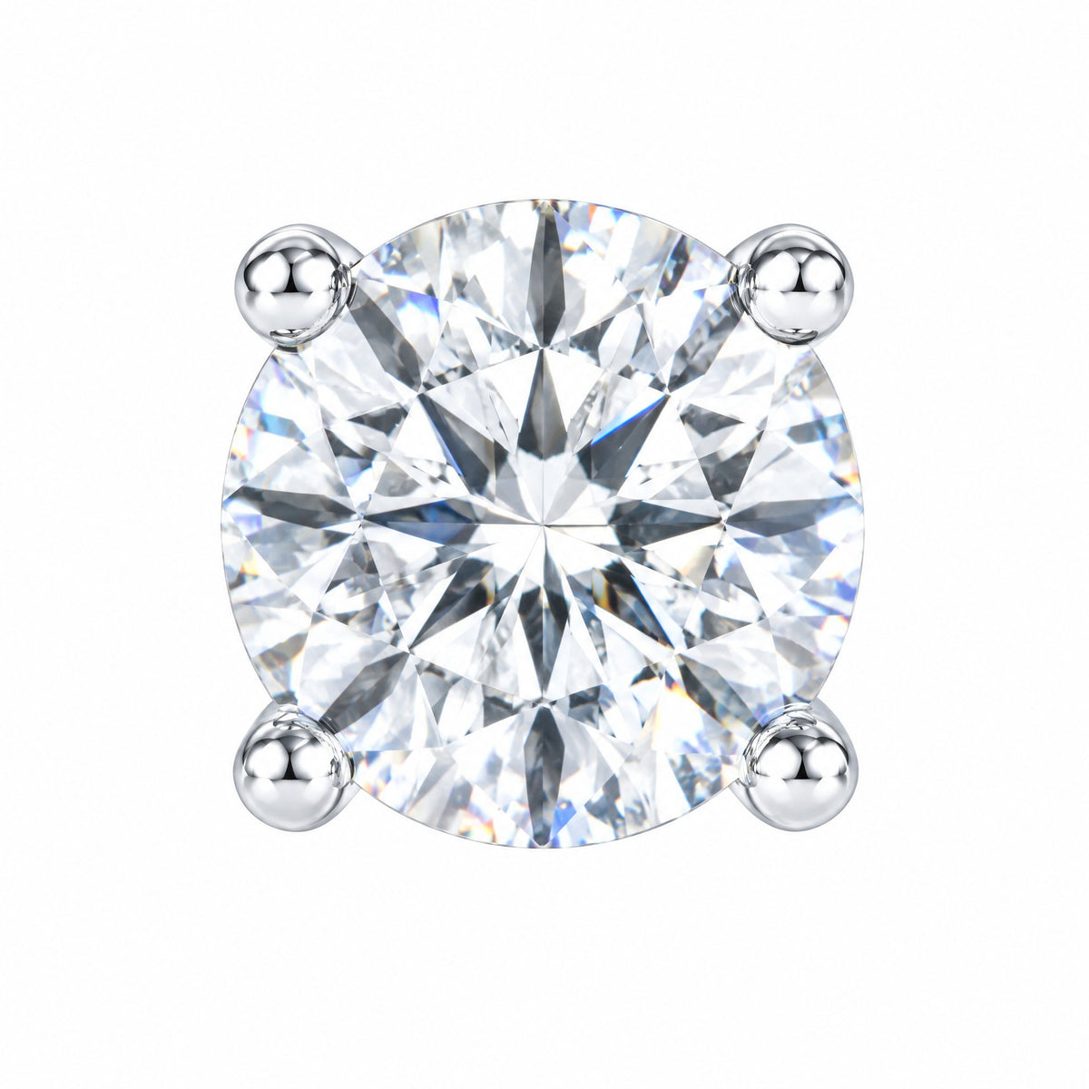 Close-up of a round moissanite stone held by four prongs