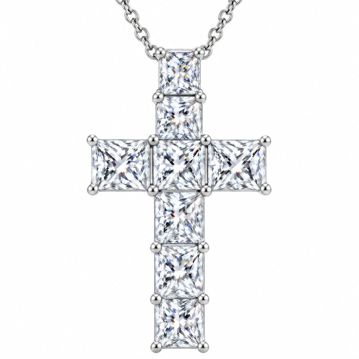 Front view of the slim cross pendant and its square stones
