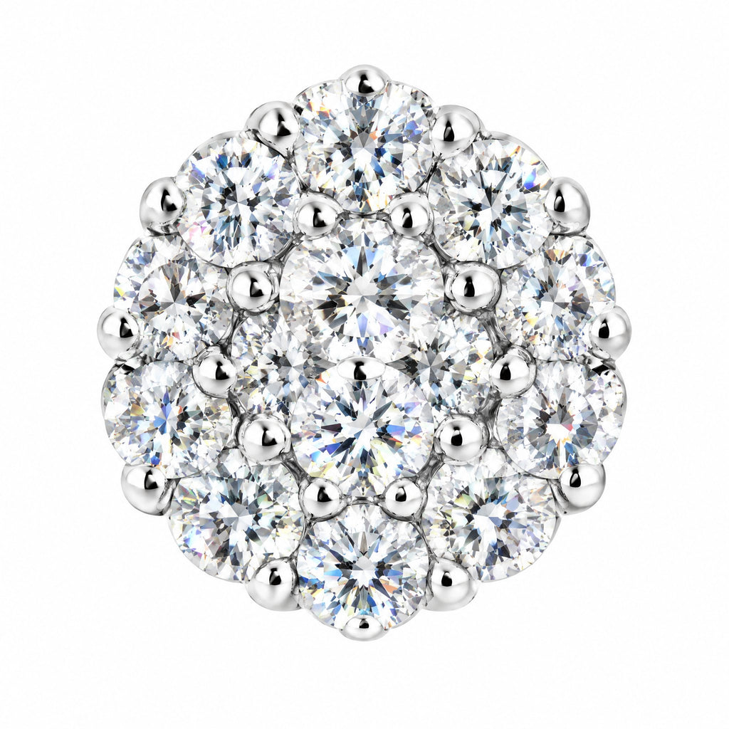 Close-up of the tightly set moissanite stones in a round cluster