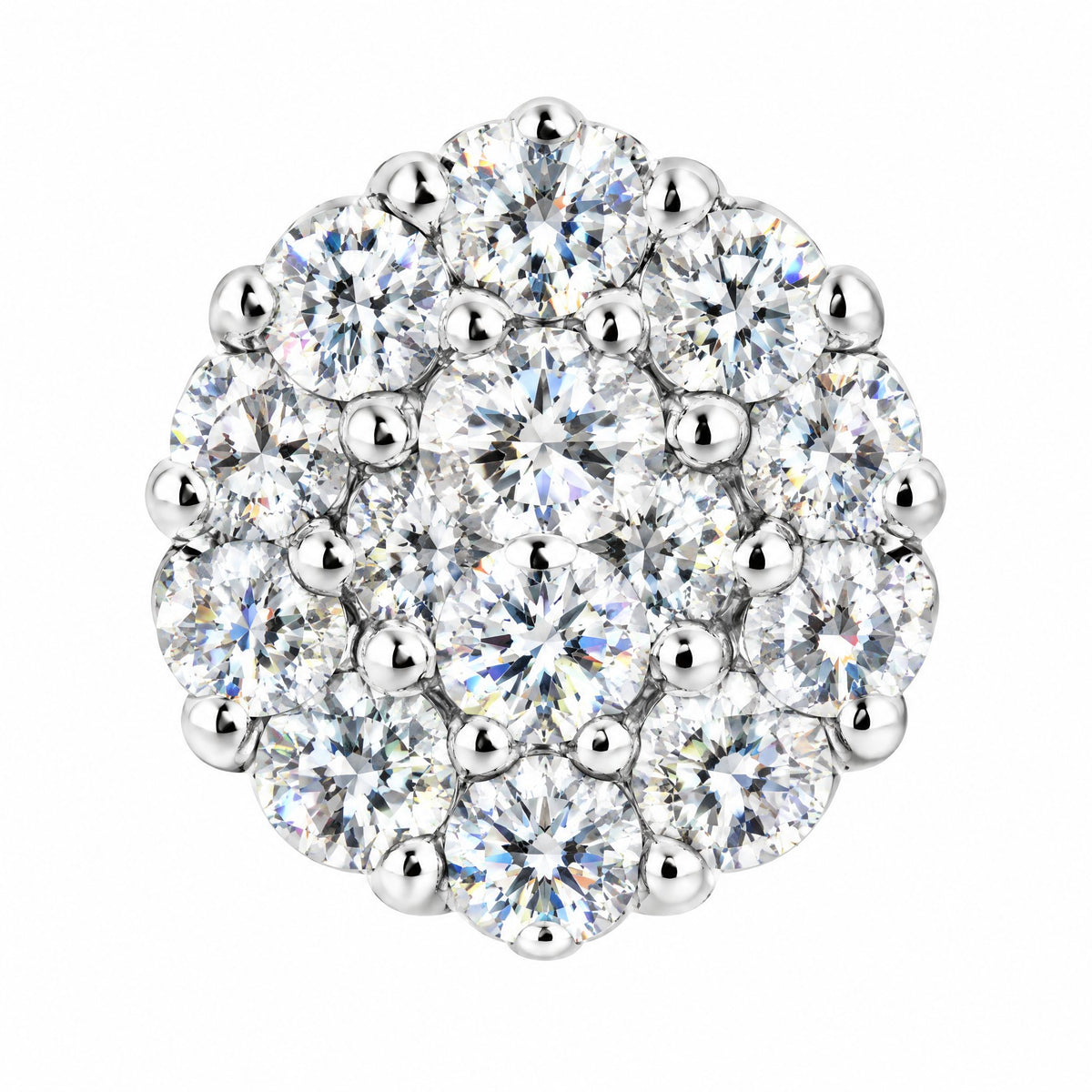Close-up of the tightly set moissanite stones in a round cluster