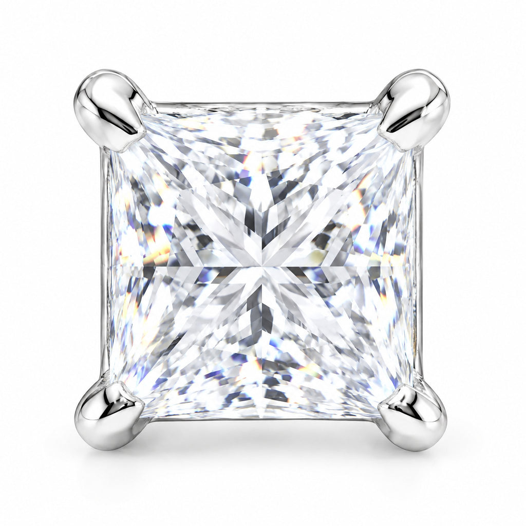 Close-up of a square princess-cut moissanite stone in four prongs