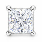 Close-up of a square princess-cut moissanite stone in four prongs
