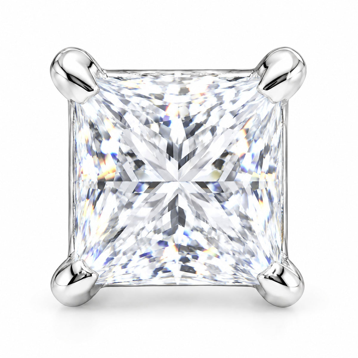 Close-up of a square princess-cut moissanite stone in four prongs